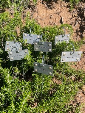 Hand Stamped Aluminum Garden Markers – Aviation Rivets, Herb Tags, (Set of 5)
